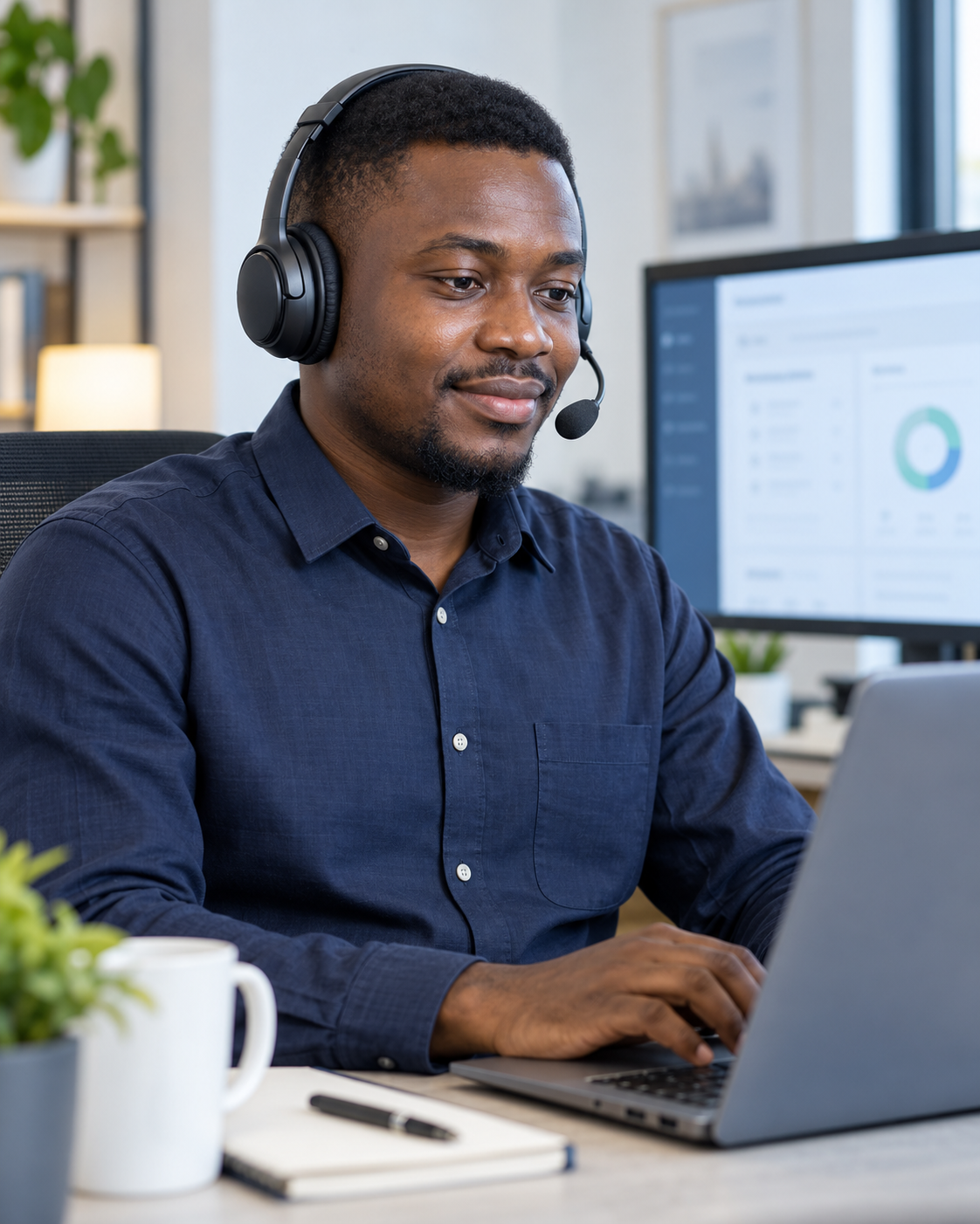 Customer support agent working at a laptop with headset